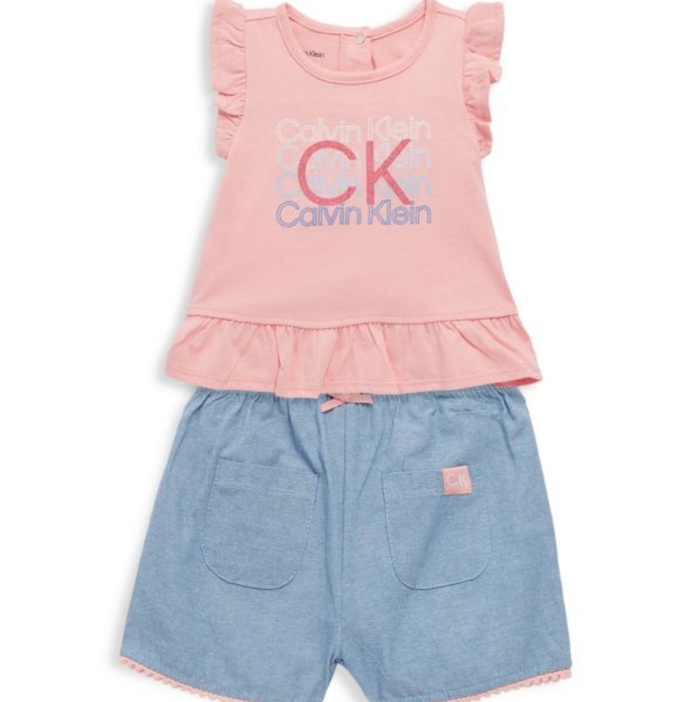 CALVIN KLEINBaby Girl’s 2-Piece Peplum Logo Top & Shorts Set